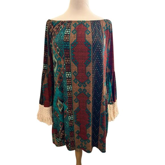 Stretchy Boho Bell Sleeve Fringe Western Southwestern Off Shoulder Sexy Dress XL - Picture 1 of 9